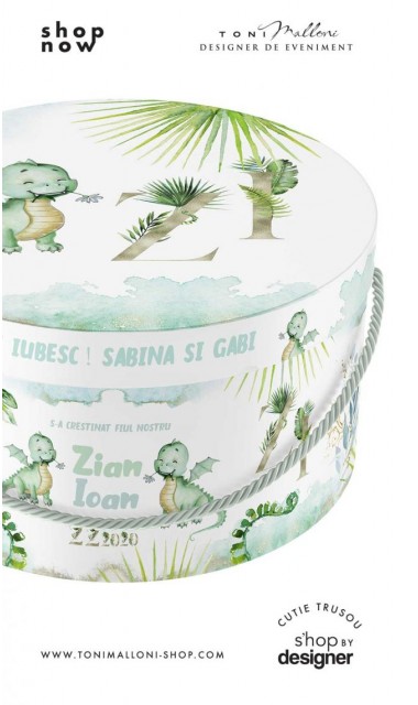 Cutie trusou cu dragonel personalizata in nuante de verde ideala pentru botez 3